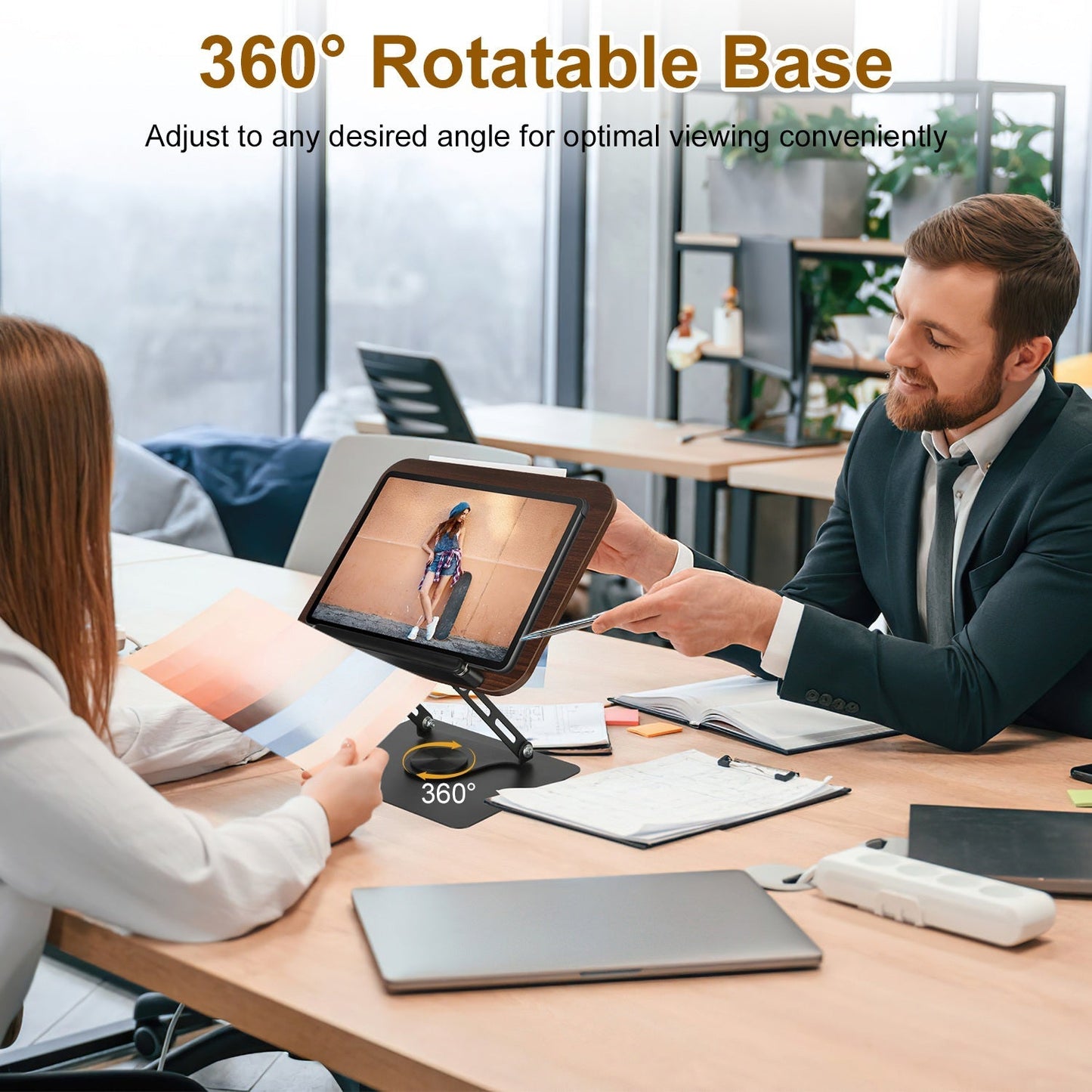 Book Stand for Reading Foldable Wood Book Holder Reading Rack Paper Stand with Adjustable Height 360¡ Rotatable Base Dual Paper Clips for Book Sheet M