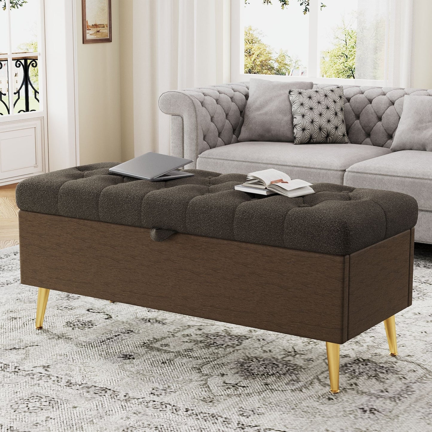 Modern Tufted Storage Ottoman Bench with Metal Legs