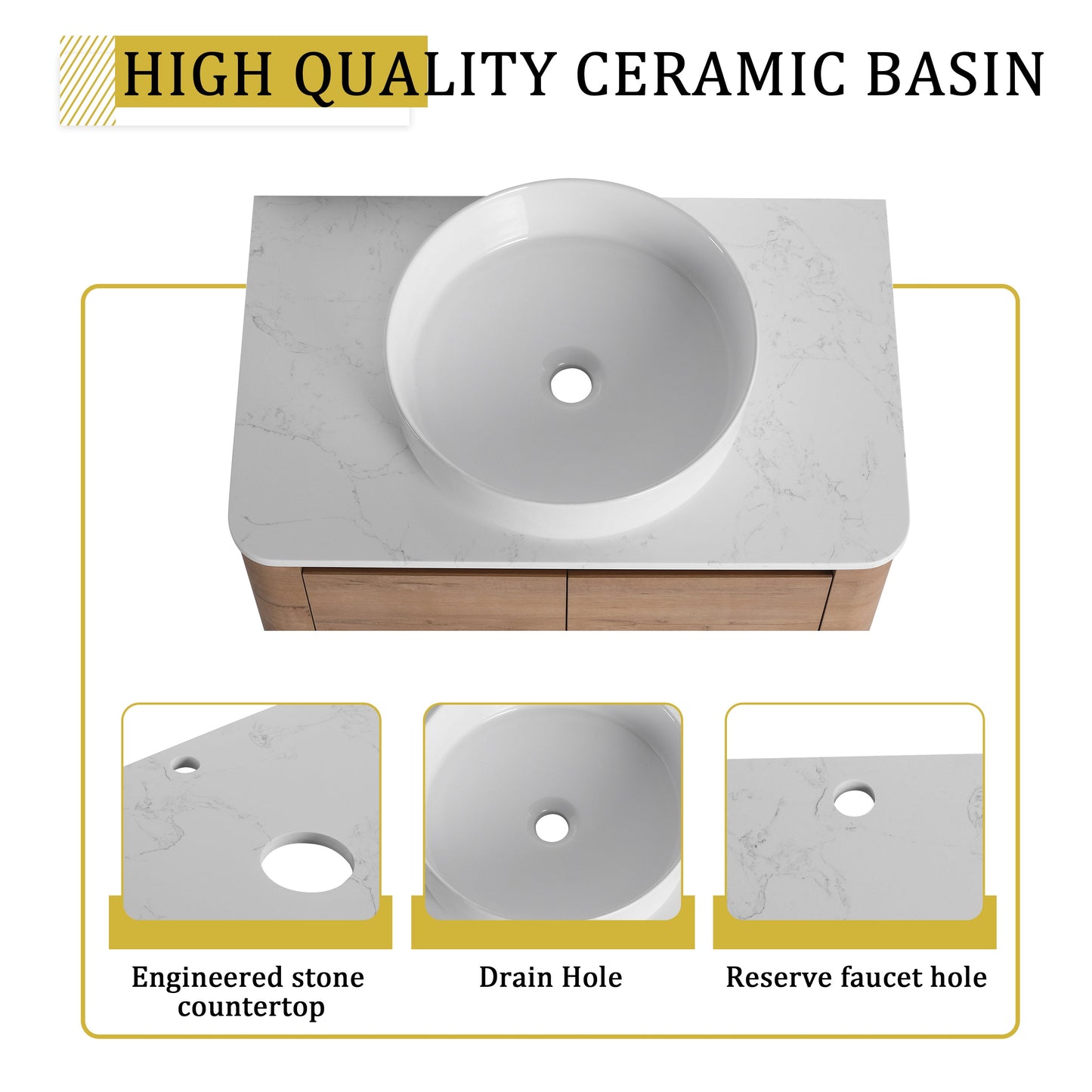 30" Wall-Mounted Bathroom Vanity With Ceramic Art Sink & 2 Soft-Close Doors