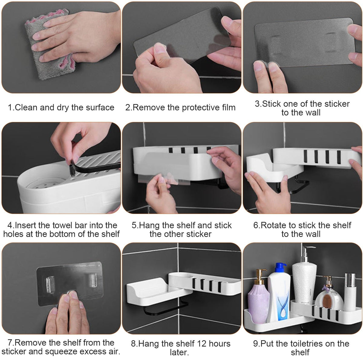 180¡ Rotatable Bathroom Corner Caddy Shelf No Drilling Wall-Mounted Storage Rack for Toiletries