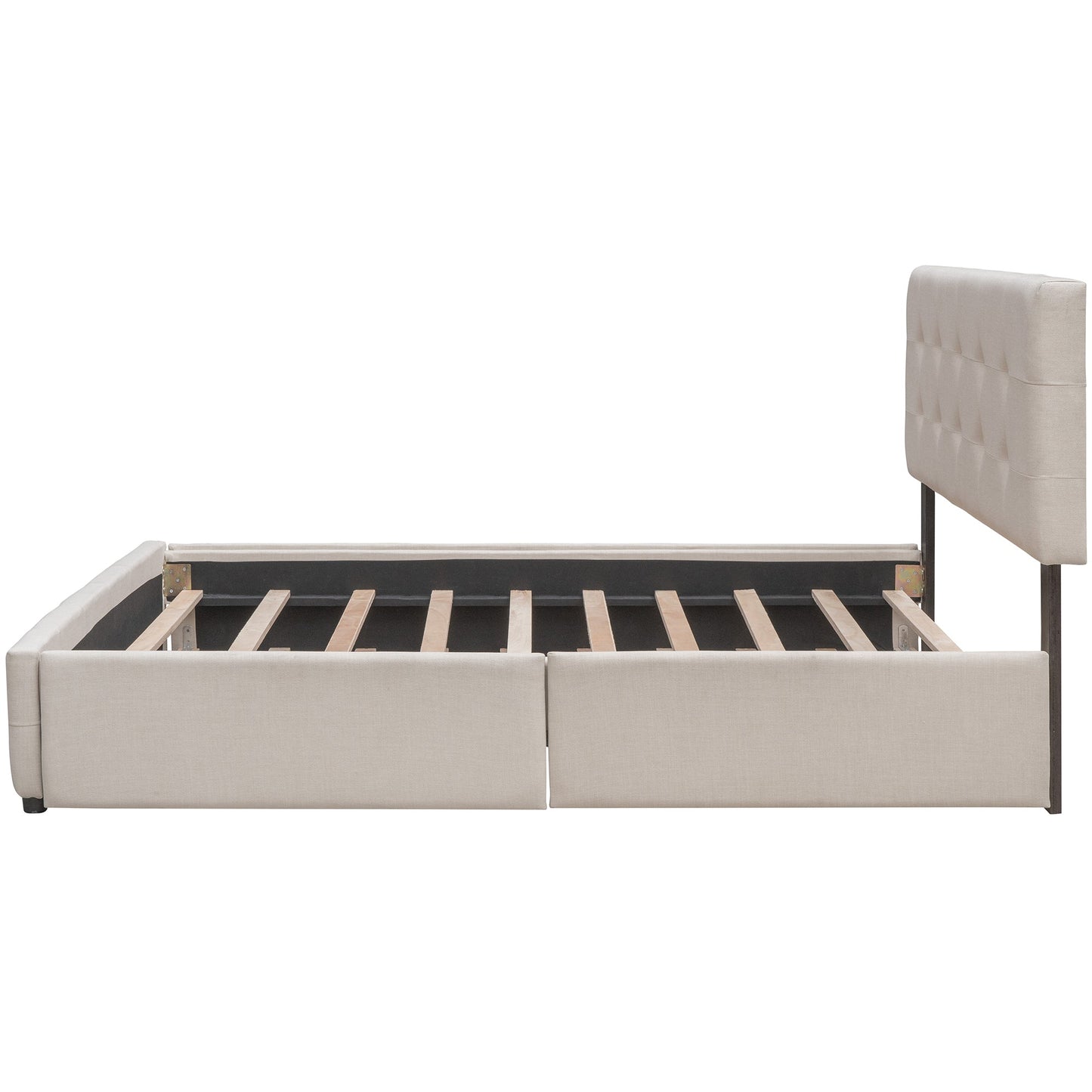 Upholstered Platform Bed with 2 Drawers and 1 Twin XL Trundle, Linen Fabric, Queen Size - Dark Beige(OLD SKU :LP100314AAA)
