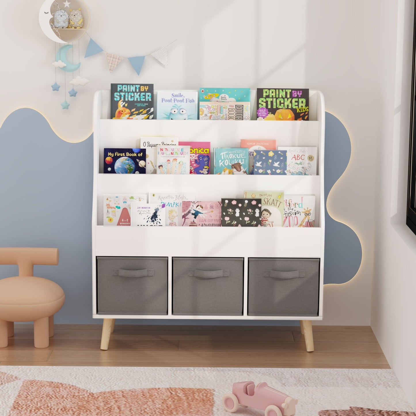 Bookshelf With 3 Storage Bins, Book Display Organizer, Front Facing Book Rack - White