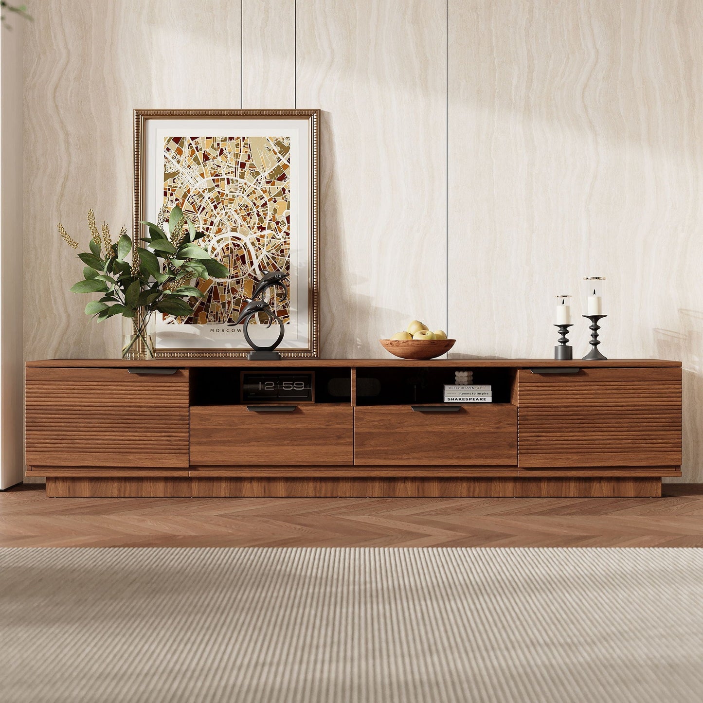 TV Stand Entertainment Center with Deep Drawers, Cable Management & Soft Closing Hinges