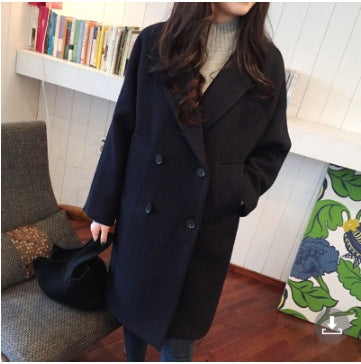 Womens MidLength KoreanStyle DoubleBreasted Wool Coat