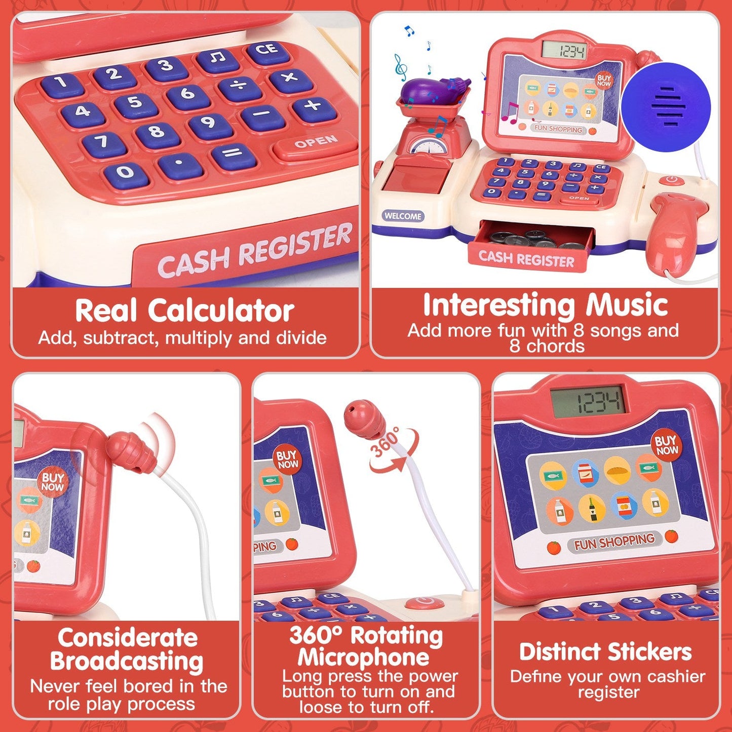 Kids Cash Register Pretend Play Cashier Toy with Scanner Calculator Credit Card Money Grocery Products Educational Toy Gift for Kids Aged 3 4 5 6 Year