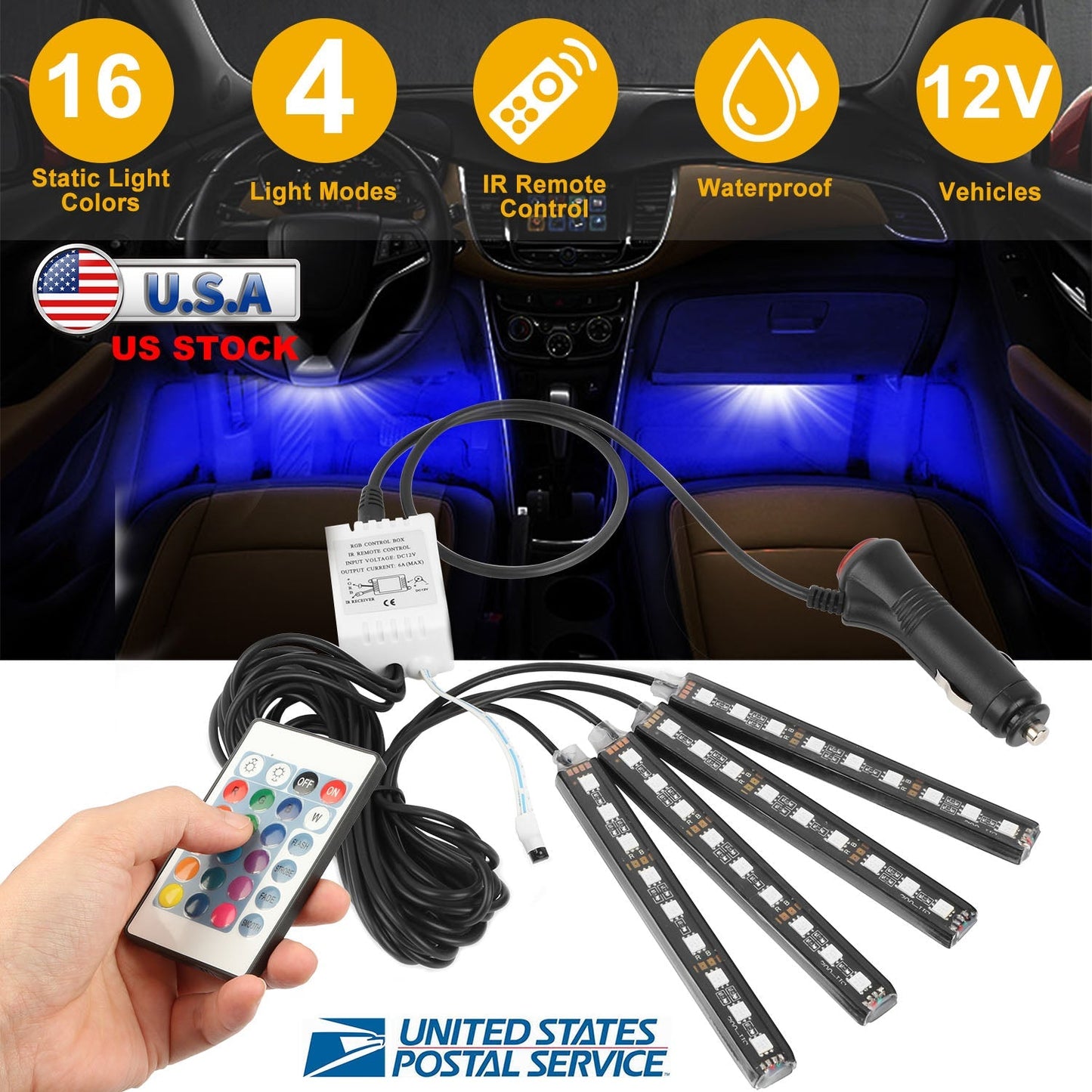 4PCS 36LEDs 12V Car Atmosphere Light Strip IP65 Colorful RGB LED Neon Lights IR Remote