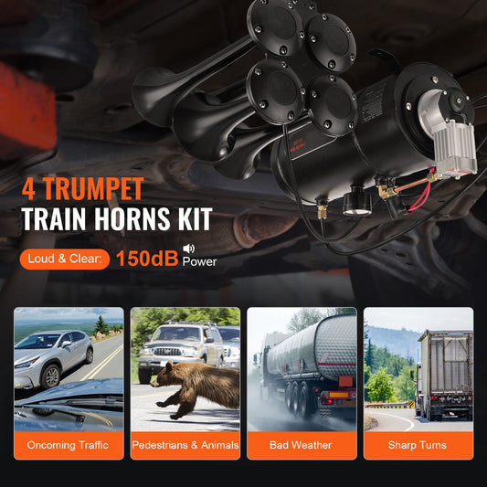 Train Horns Kit, 4 Trumpet Air Horn Kit, 150dB for Pickup Trucks