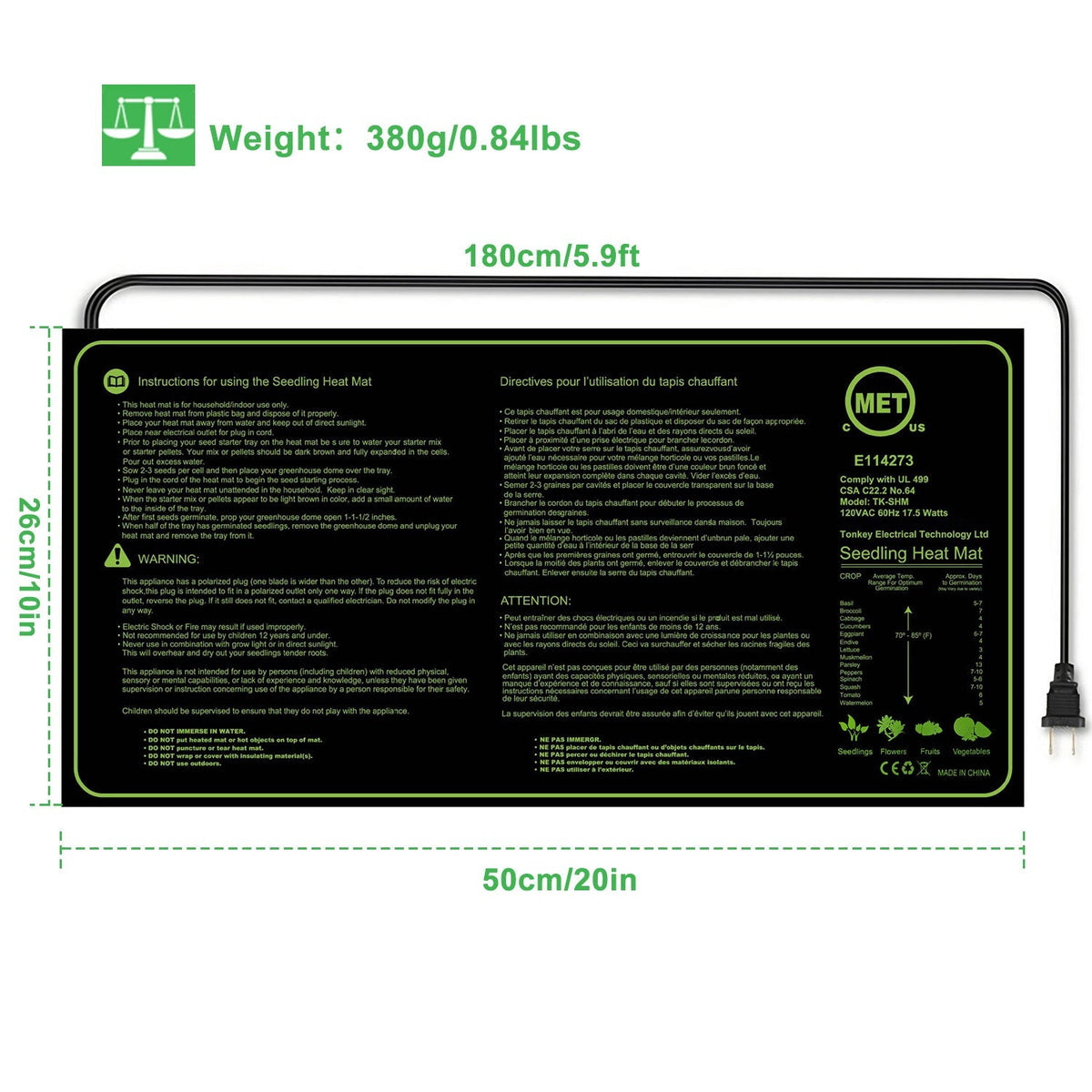 10" x 20" Seedling Heat Mat IP67 Waterproof Plant Warm Hydroponic Heating Pad 17.5W for Seed Germination Cloning Plant Propagation