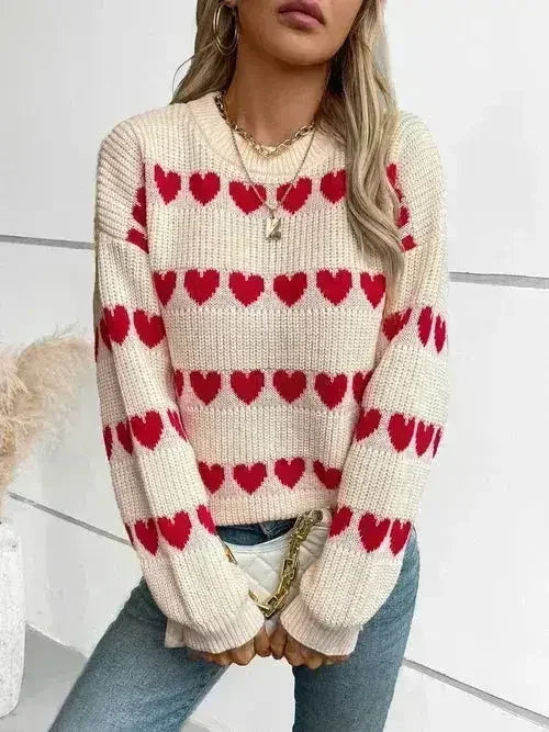Heart Print Sweater - Oversized Round Neck Knit Top | Femstylo