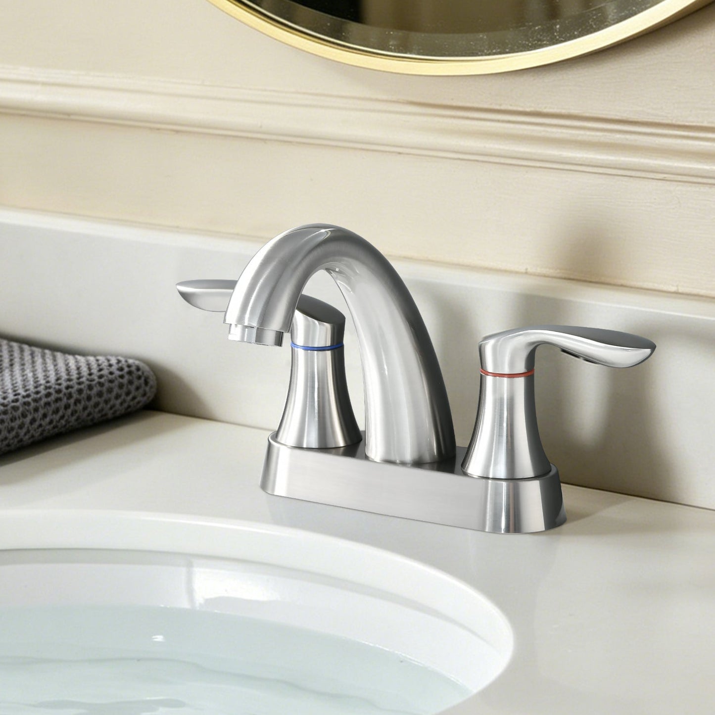 Two Handle 4 Inch Centerset Bathroom Sink Faucet with Pop-Up Drain, Brushed Nickel