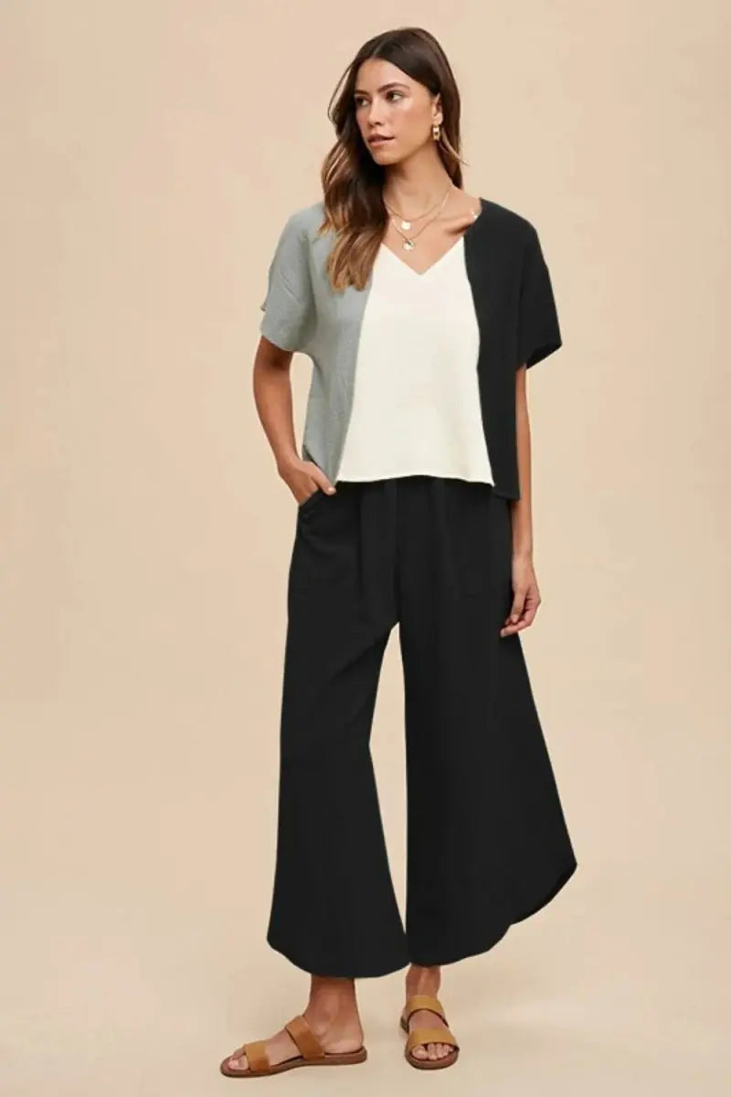 Shorts Trendsi Annie Wear Color Block Cotton Gauze V-Neck Top for