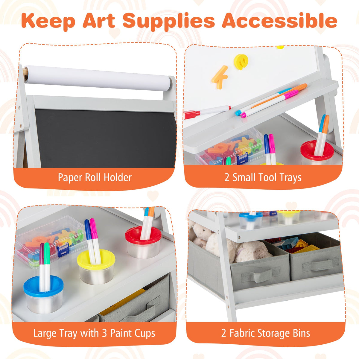 3-in-1 Art Easel for Kids with Magnetic Chalkboard and Whiteboard-Gray