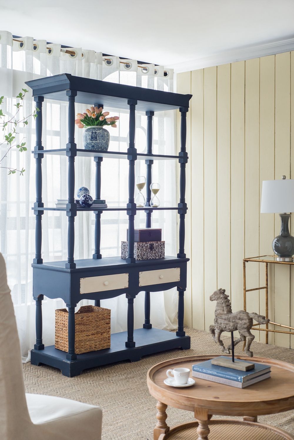 4 Tier Wooden Shelf With Two Drawers - Antique Navy Blue