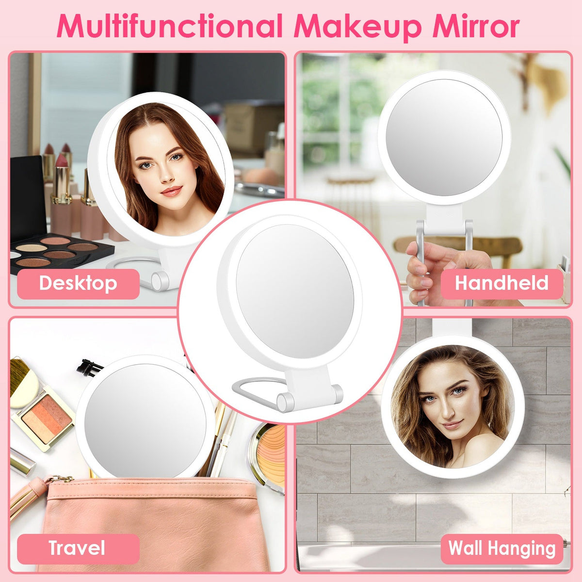 20X/1X Double-Sided Magnifying Makeup Mirror With Light Rechargeable Travel Makeup Mirror With 3 Colors Dimmable Brightness Adjustable Stand Vanity Ta