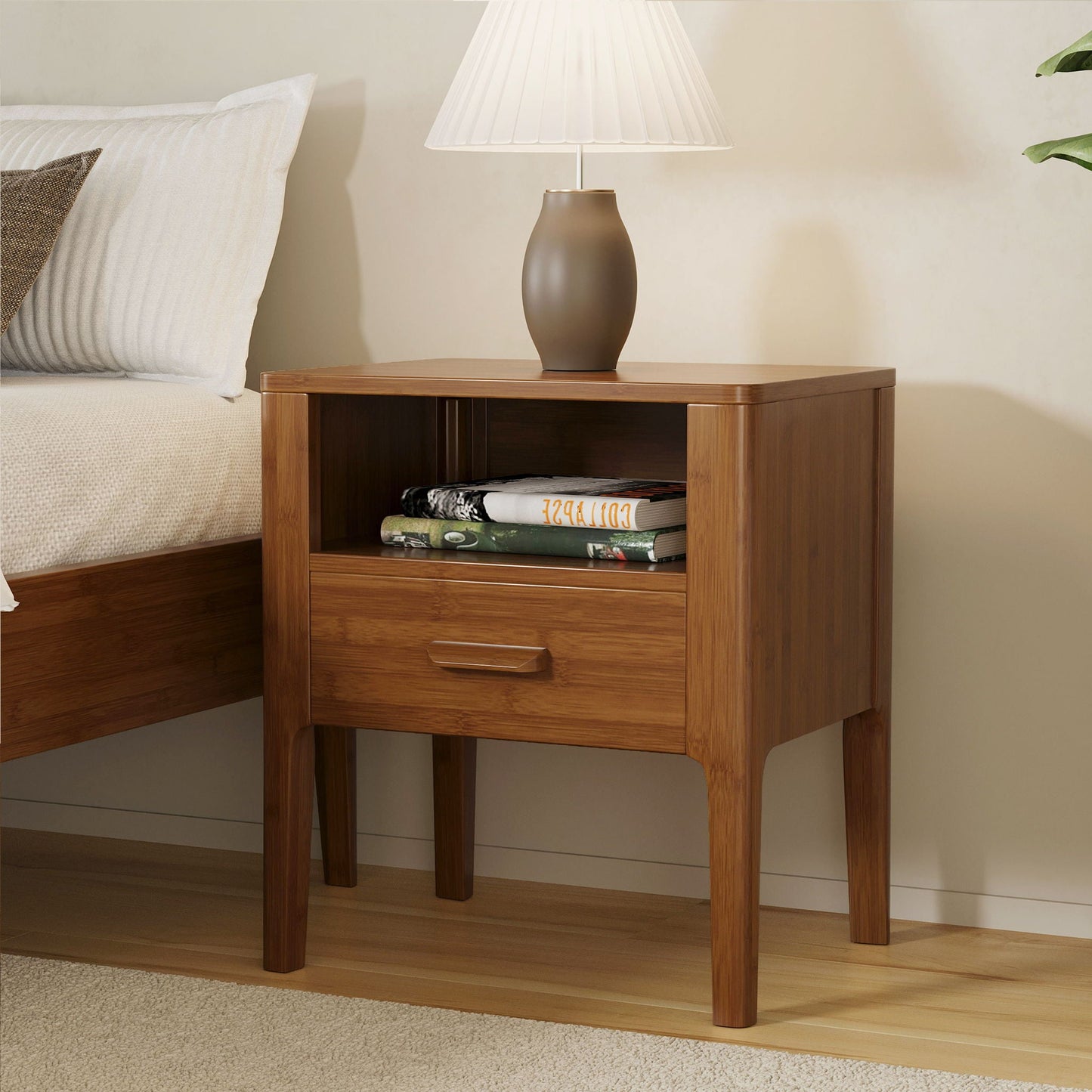 Nightstand With Drawer And Open Shelf - Brown