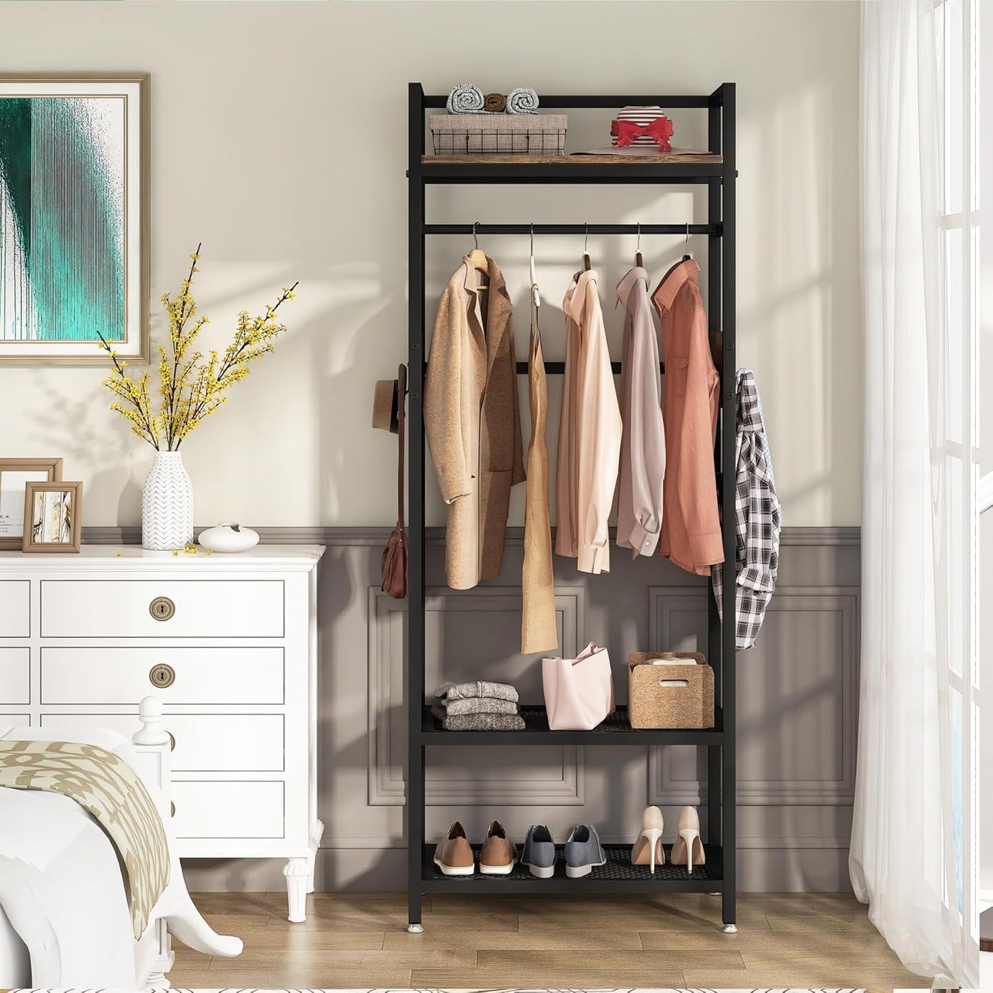 Rack With Hanging Rod, 4 Hooks, Heavy Duty Freestanding Closet Organizer - Brown / Black