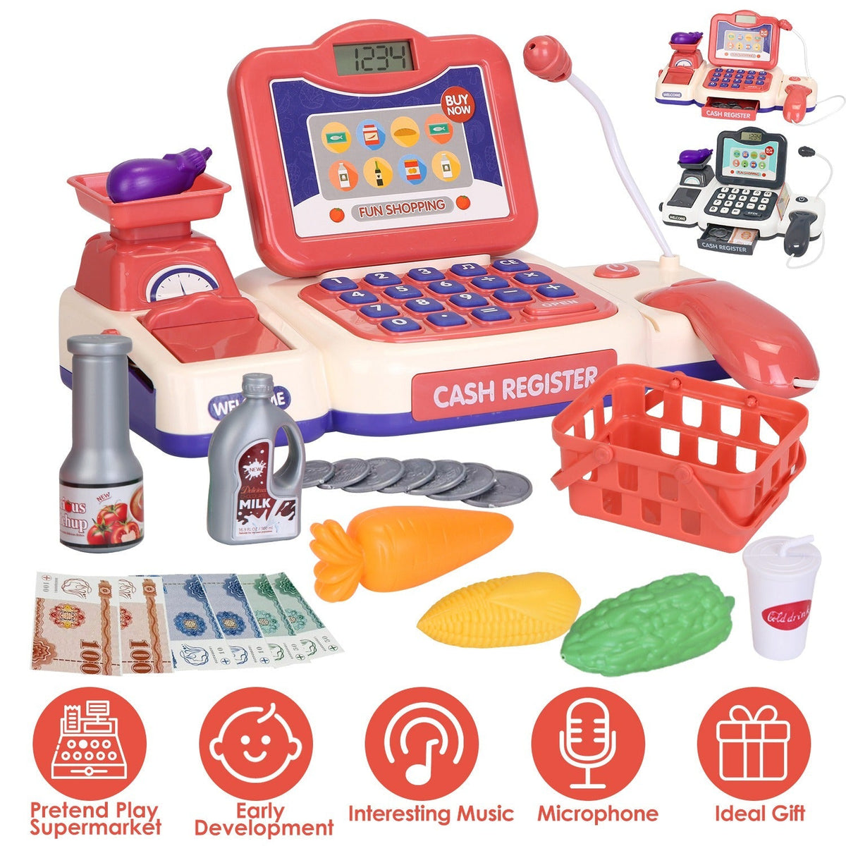 Kids Cash Register Pretend Play Cashier Toy with Scanner Calculator Credit Card Money Grocery Products Educational Toy Gift for Kids Aged 3 4 5 6 Year