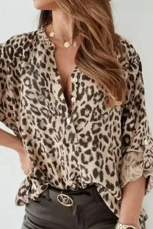 Leopard Button Detail Notched Long Sleeve Blouse | Femstylo