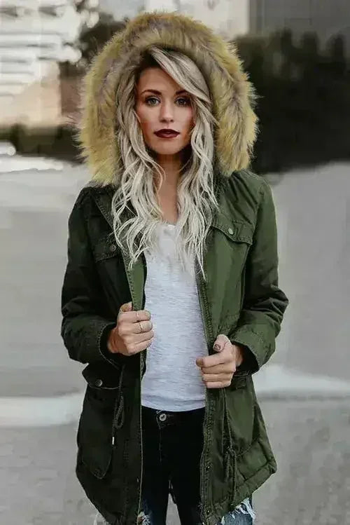 Zipper Snaps Pocket Plush Hooded Parka Jacket
