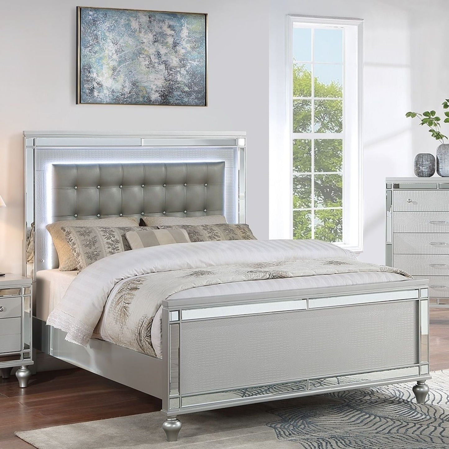 3 Piece Bedroom Set, Sleek Modern Bed With LED Nightstands