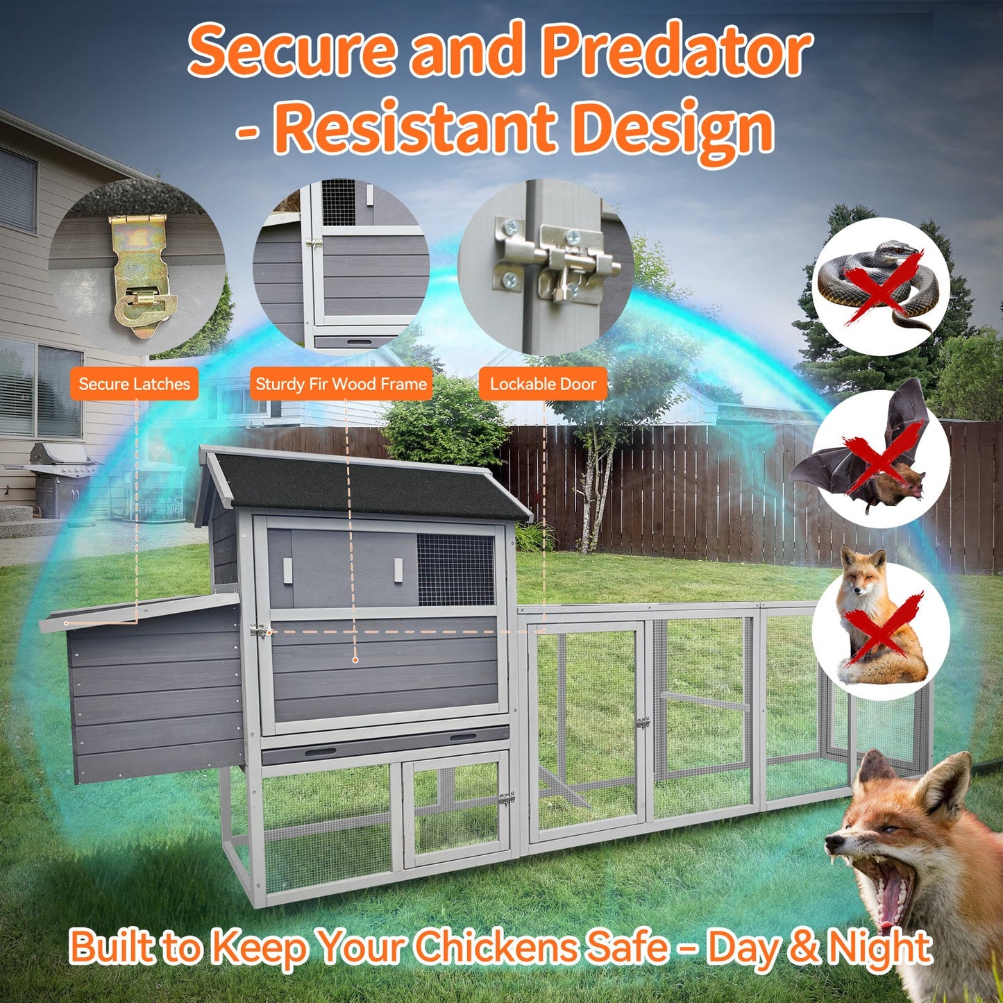 Gray Wooden Chicken Coop with Run and Nesting Box