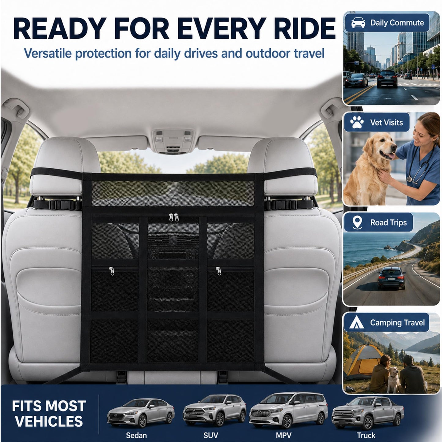 Car Dog Barrier With Hook And Loop Fastener Dual Zipper For Car SUV Breathable Mesh Barrier With Hook And Loop Fastener Keeps Pets Safely In Back Seat. Easy Installation
