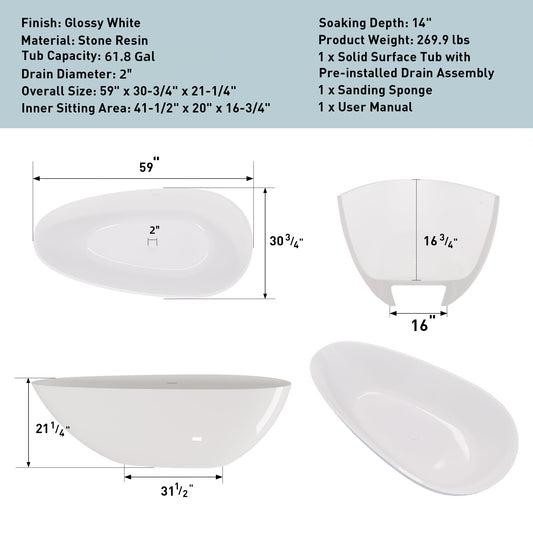 59" Freestanding Solid Surface Bathtub