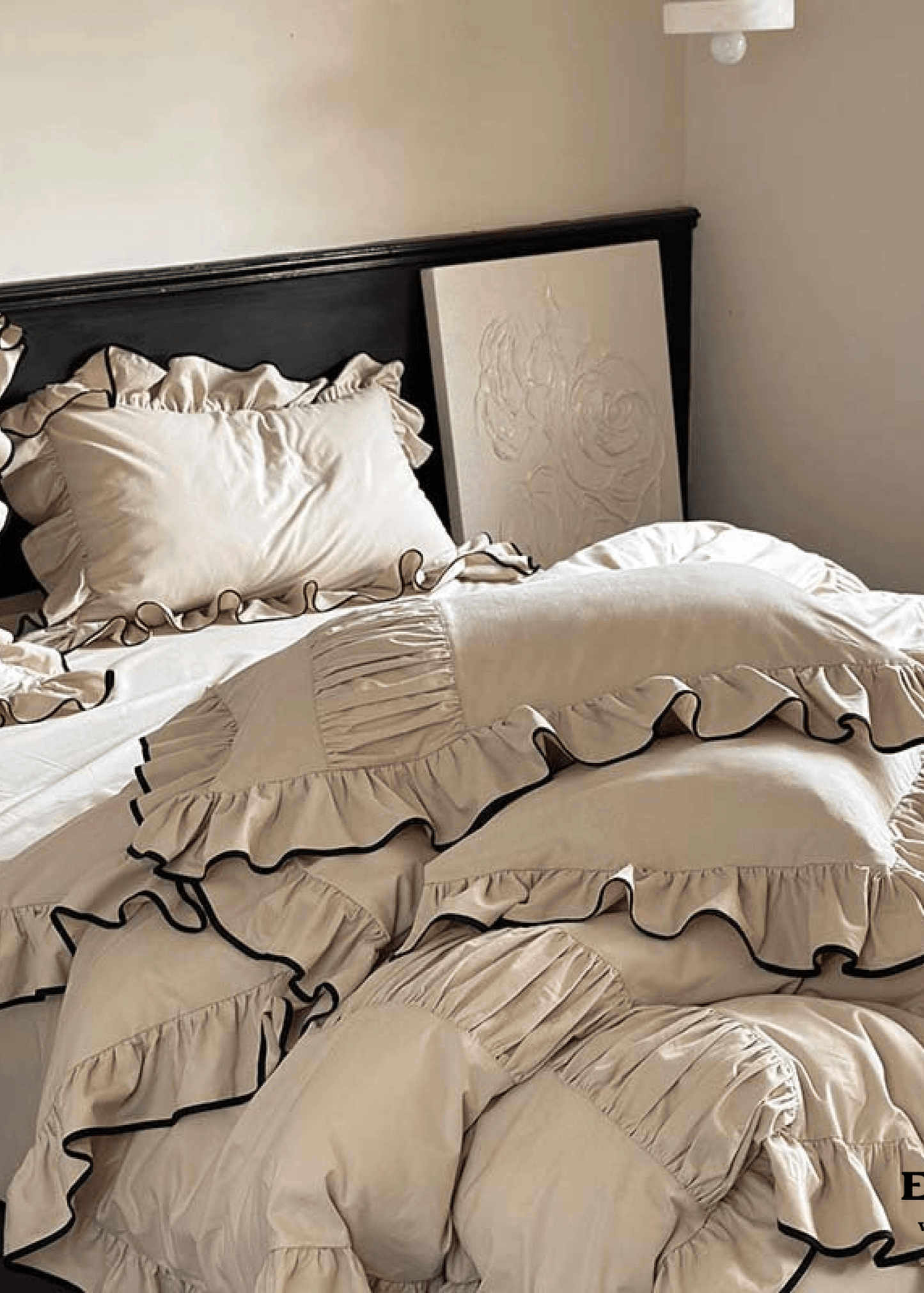 Beige Black Trim Ruffle Bedding Set
