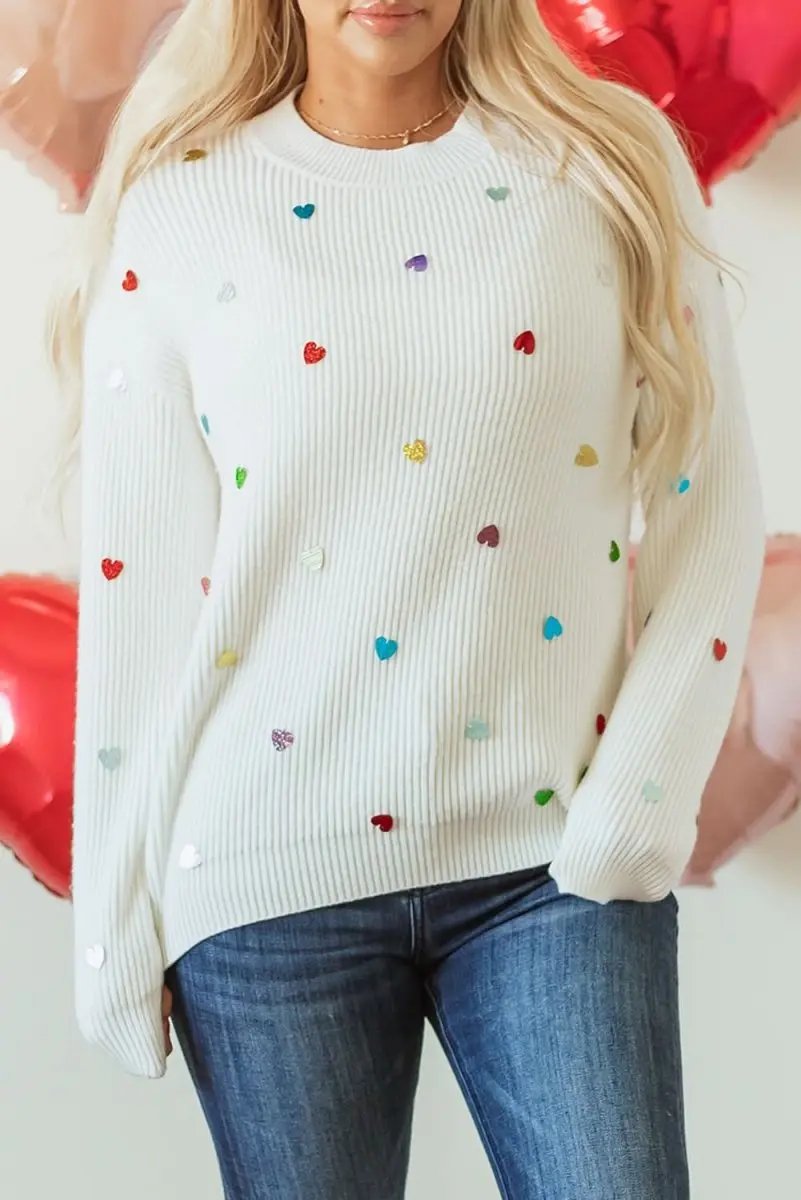 Sweaters Love Salve Beige Heart Sequin Waffle Knit Sweater with