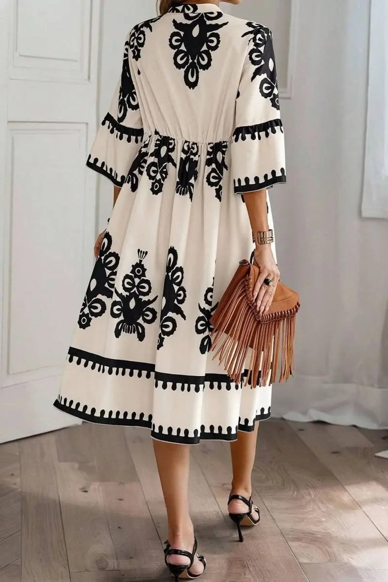 Dresses Love Salve Beige Geometric Midi Dress Women's Vacation Bohemian Style Lightweight