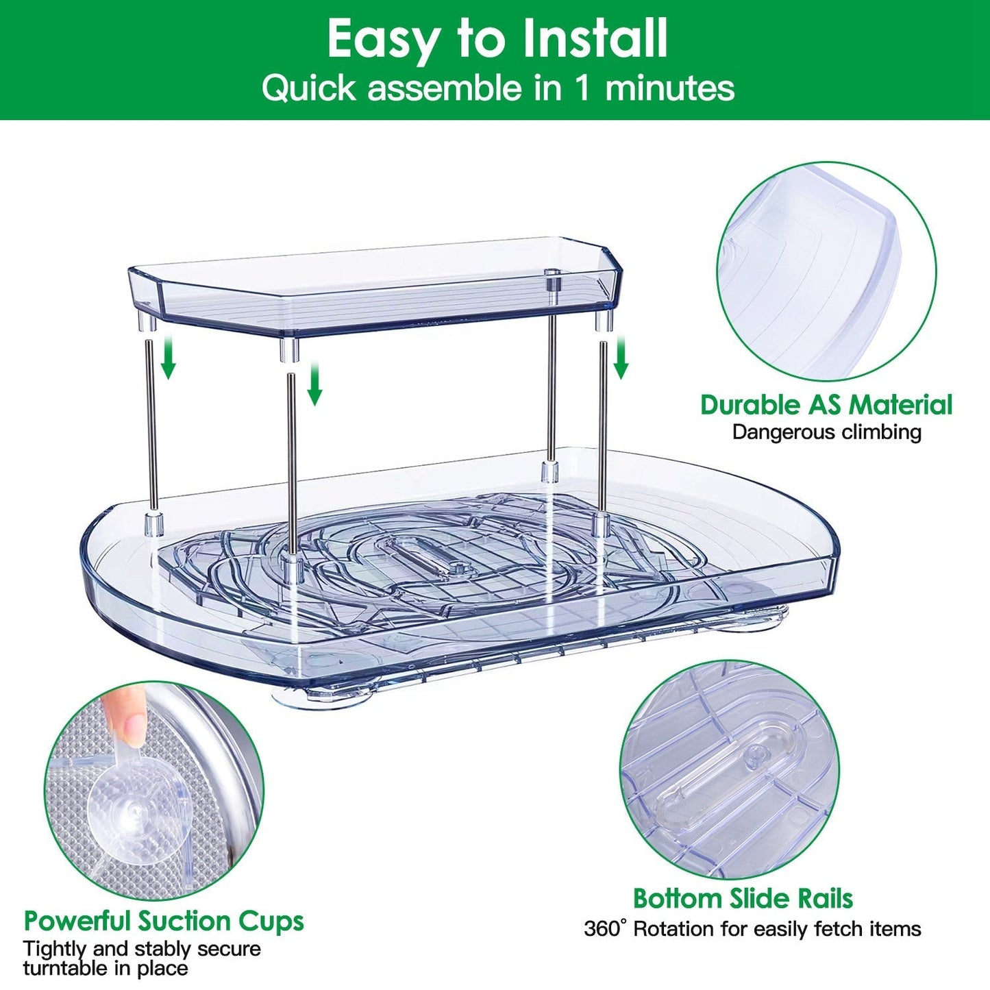 2 Tier Turntable Organizer Rectangular Refrigerator Spinner Storage Rack with 360¡ Rotatable Slide Rail for Kitchen Cabinet Countertop
