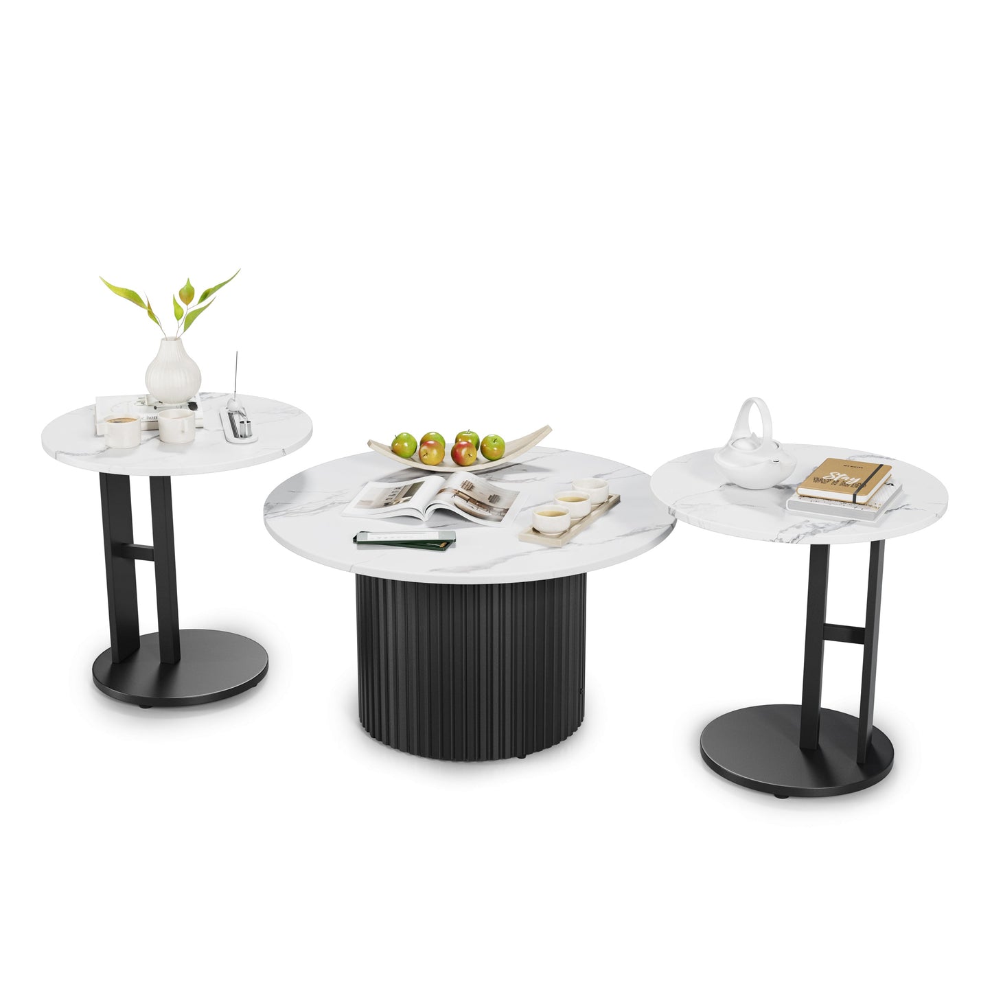 Coffee Table Set of 3 with Faux Marble Top and Metal Legs