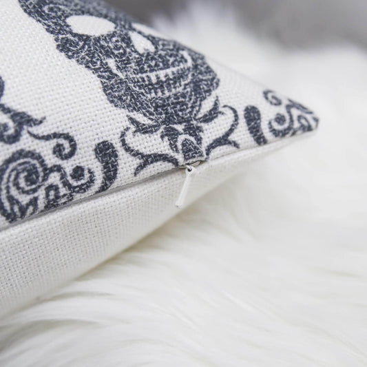 Gothic Damask Skull Throw Pillow – Black & White Cotton Linen