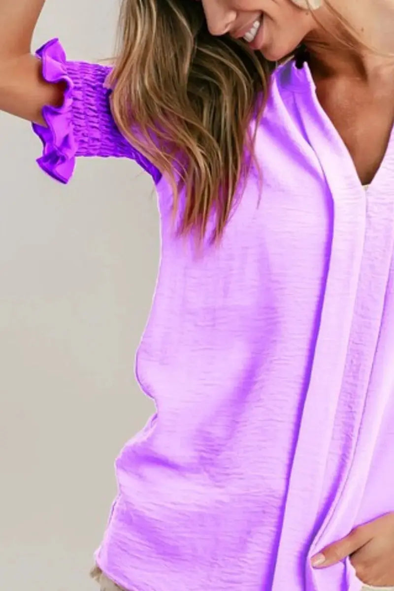 Accessories Trendsi BiBi Color Block Top Women's Casual V-Neck Puff Sleeve Shirt USA Ship