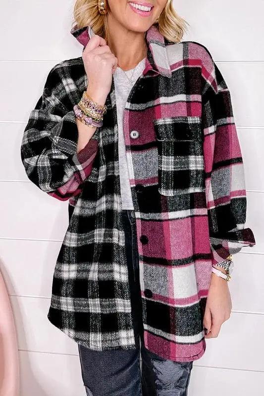 Women's Shacket Shacket Jacket - Black Plaid Colorblock - Loose Fit
