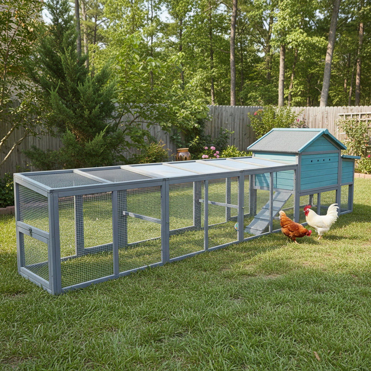 141" Large Wooden Chicken Coop with Nesting Box and Wire Fence