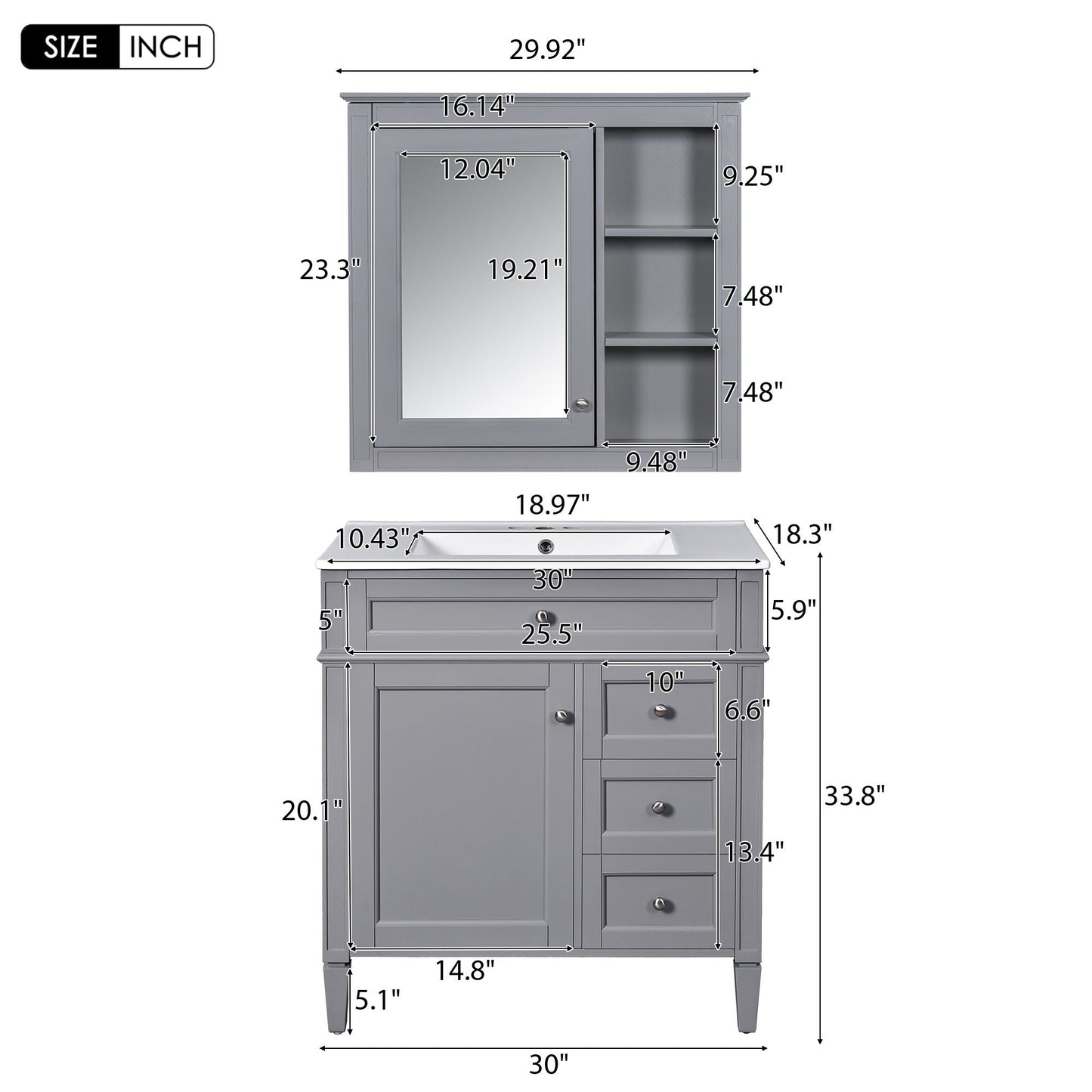 Bathroom Vanity With Top Sink, Storage Cabinet & Mirror - Gray