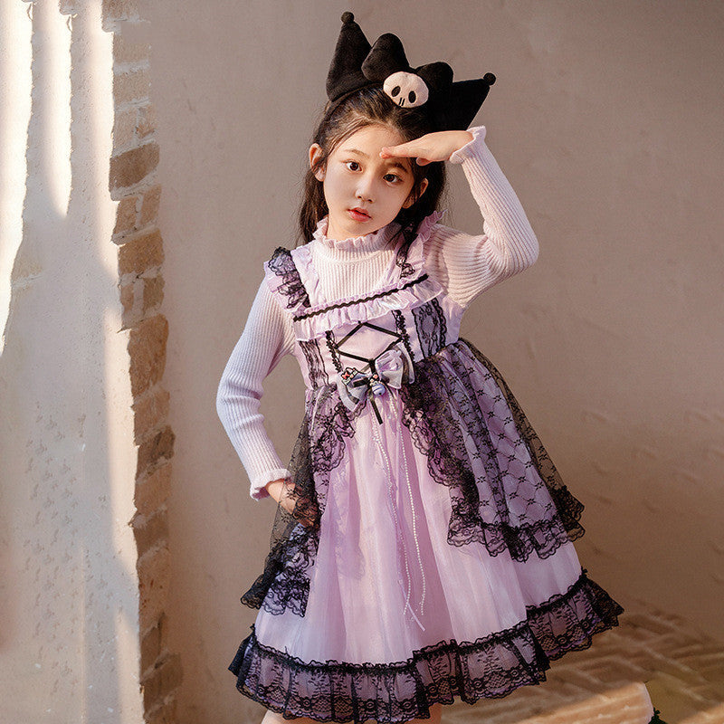 LITTLE Girls light purple silk with long sleeve with black lace trim ascent design dress