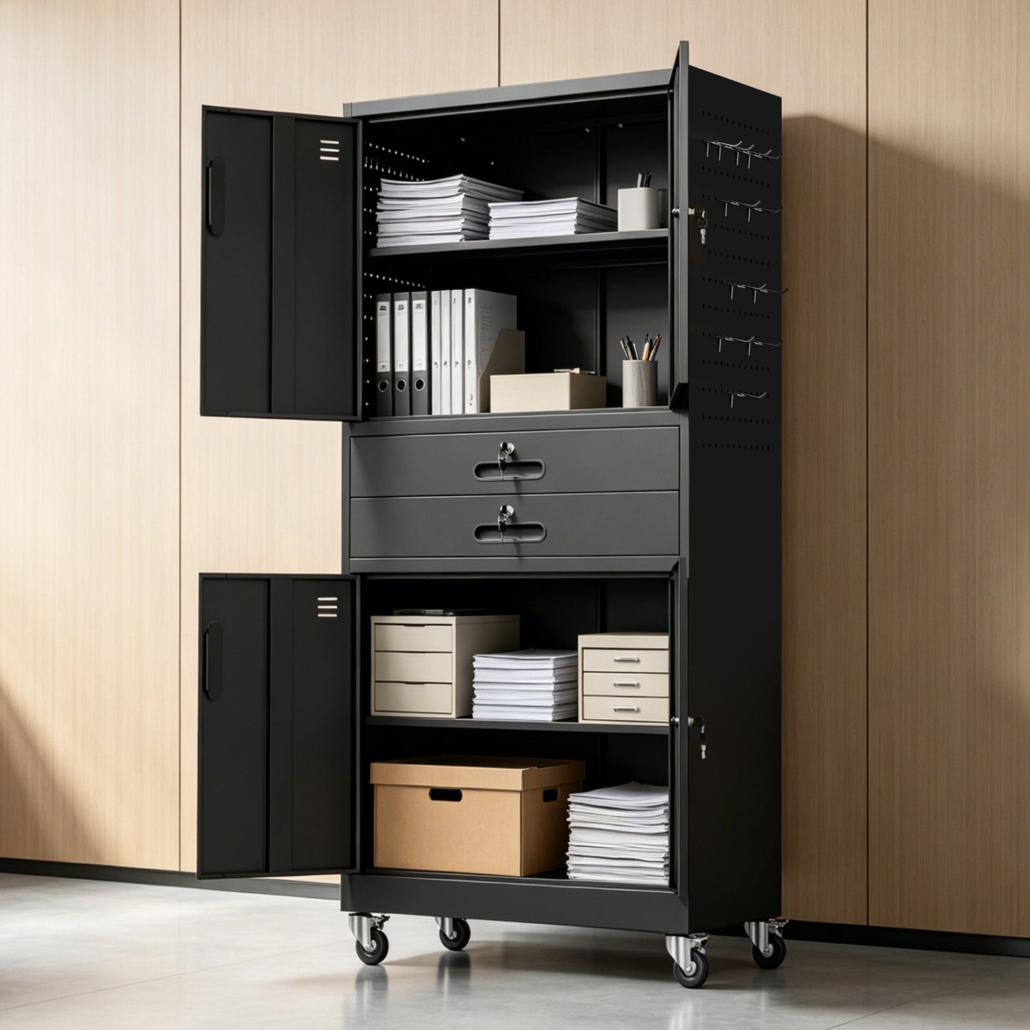 Metal Storage Cabinet with Two Drawers and Locking Doors