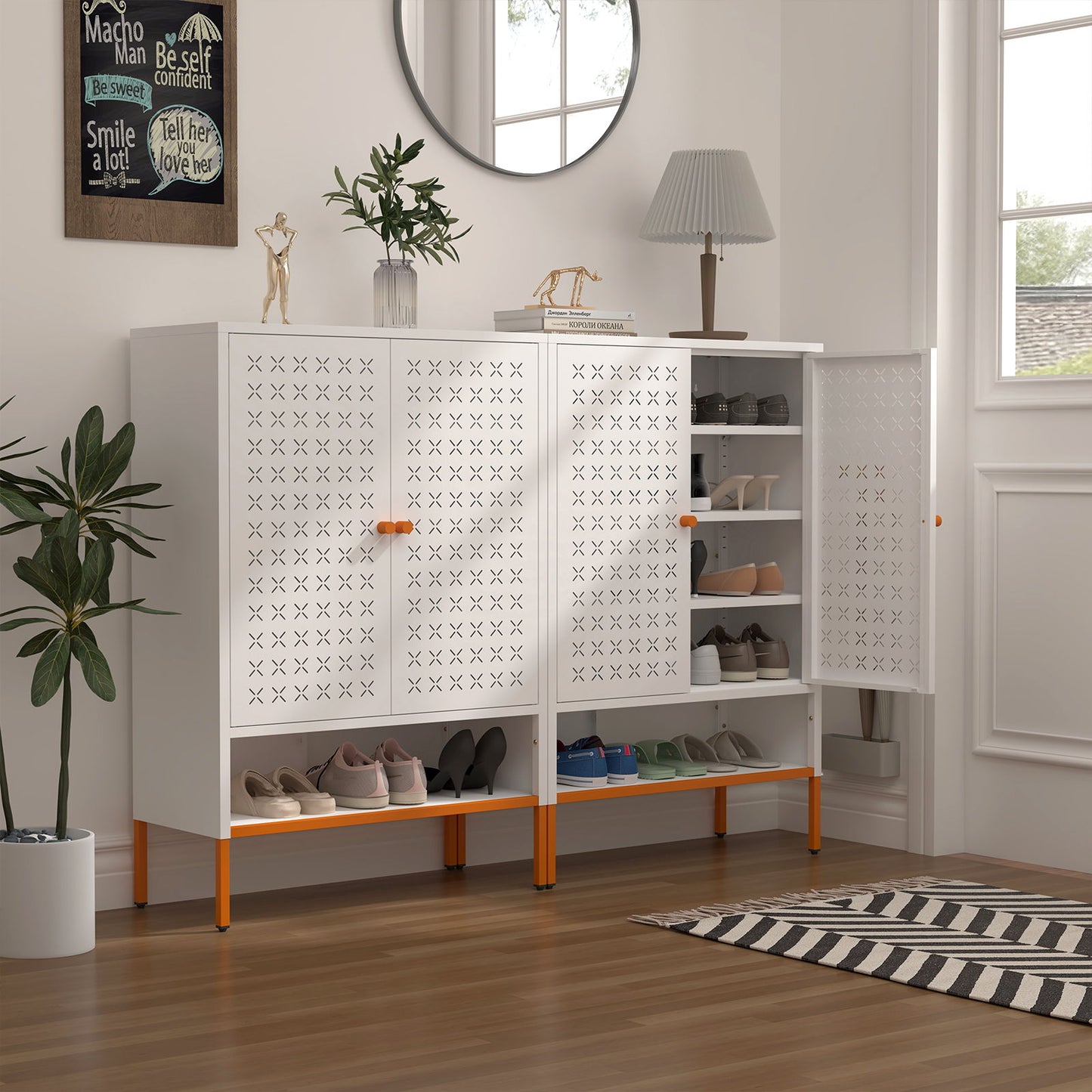 Grid Double Door Shoe Cabinet With Adjustable Compartments and Moisture-Proof Design