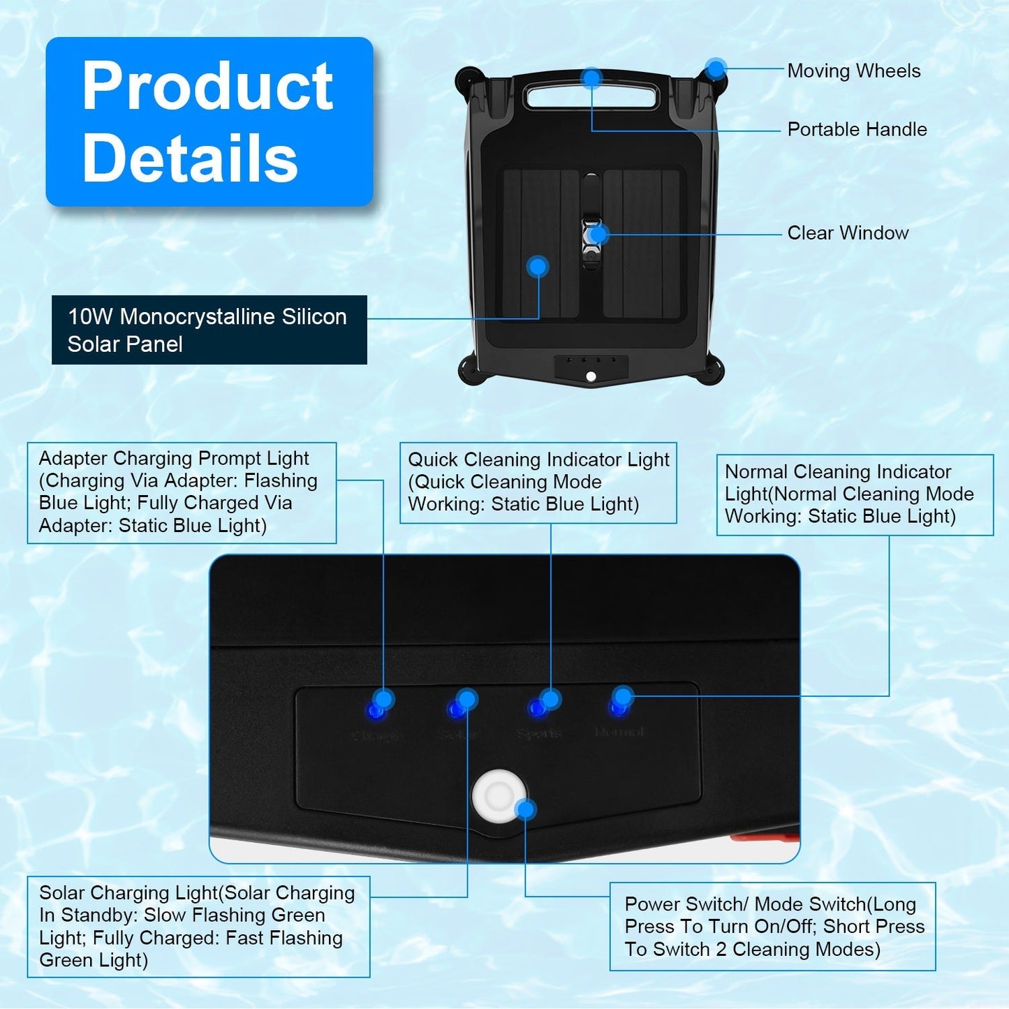 Solar PoweredÊRobotic Pool SkimmerÊAutomatic Swimming Pool Surface Cleaner with 2 Cleaning Modes Dual Charging Methods IPX7 Waterproof 1937sq.ft Cover