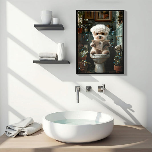 Framed Bathroom Decor, Cute Puppy Wall Art in Picture Frame, 3D Canvas Print - Indigo / White