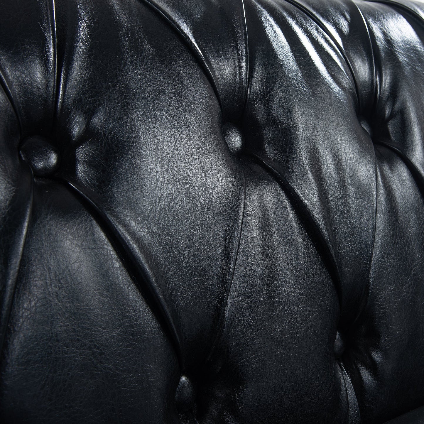 84.65" Black PU Rolled Arm Chesterfield Three Seater Sofa