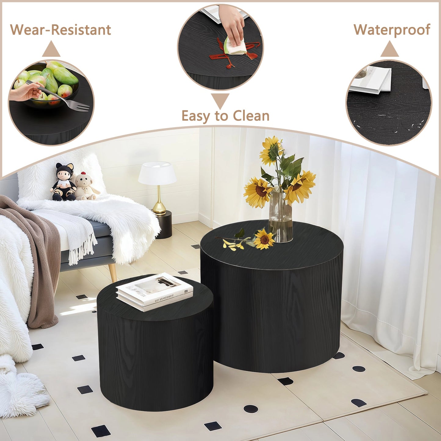 Nesting Coffee Table Set of 2, Modern Round Wood Side Tables