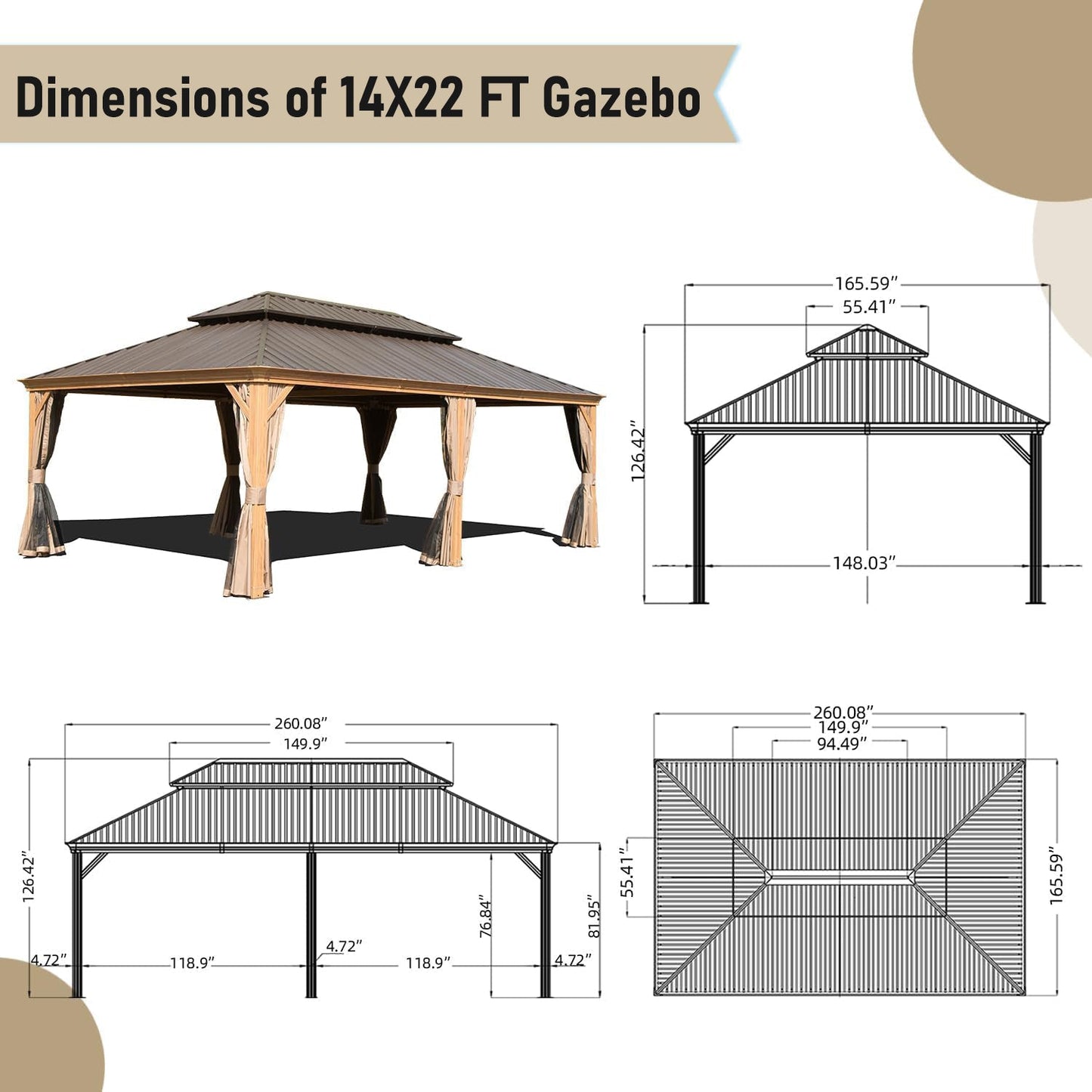 14x22FT Hardtop Gazebo with Galvanized Steel Double Roof
