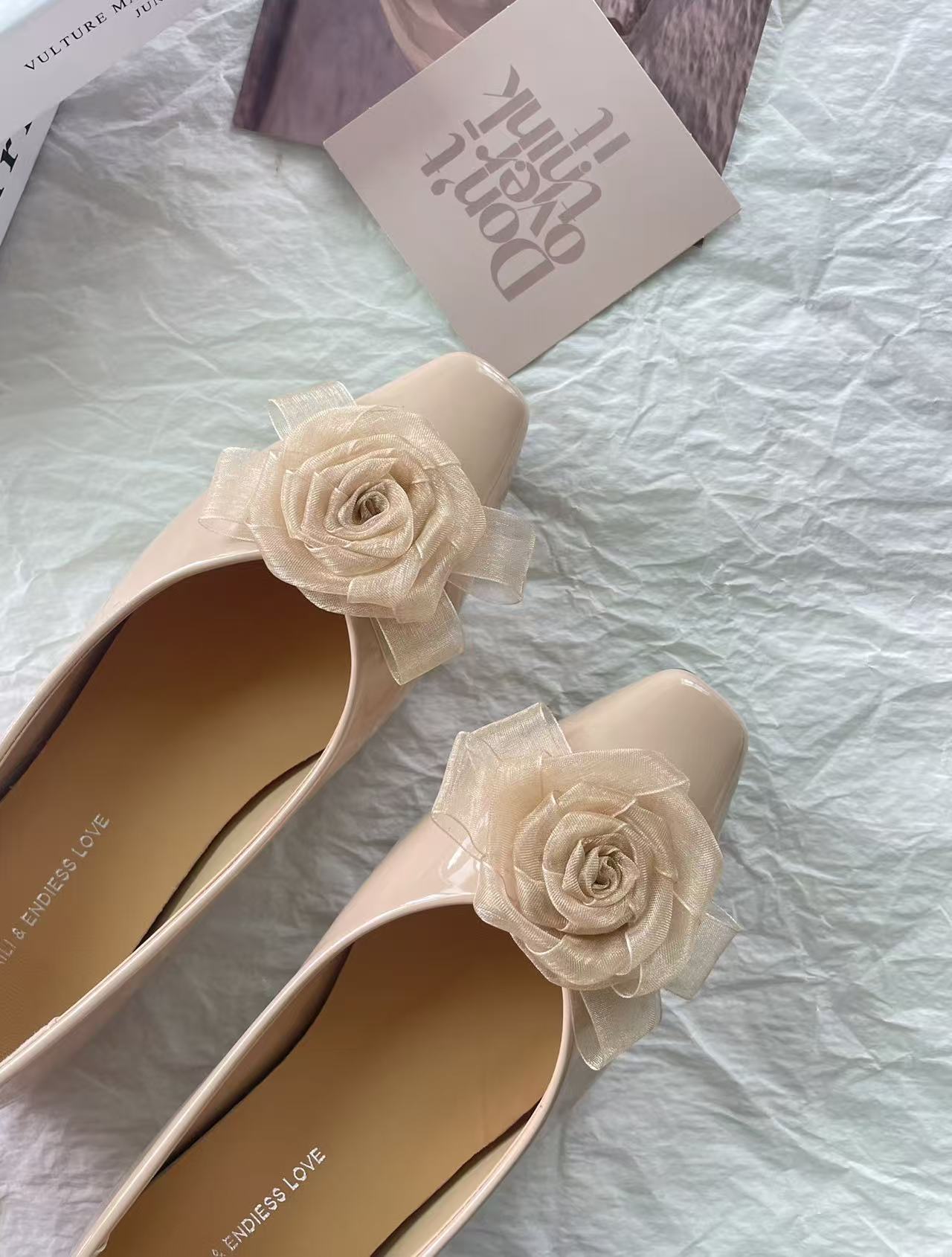 2026 Summer French Style Patent Leather Flats Women, Square Toe Shallow Shoes With 3D Mesh Rose, Slip-on Elegant Daily Ballet Shoes