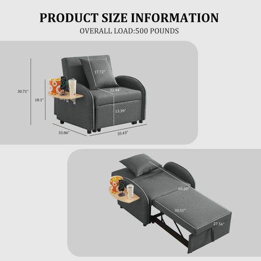 Sleeper Sofa Chair Bed, 3-In-1 Convertible with Adjustable Backrest & Foldable Table