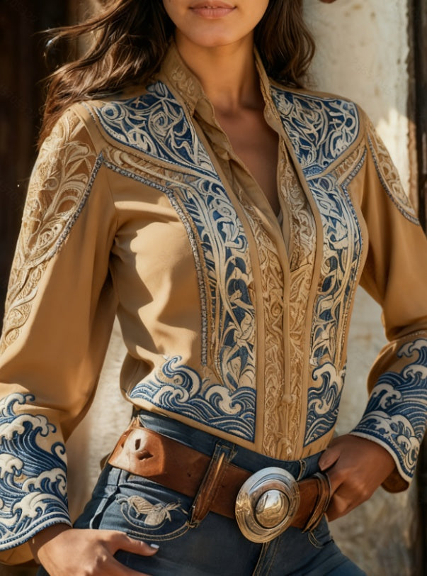 Western-style Embroidered Printed Lapel Shirt