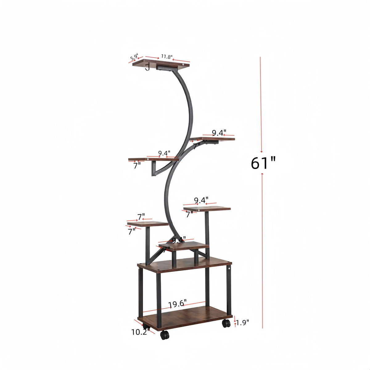 8 Tier Indoor Plant Stand With Grow Lights, S Shaped Metal Shelf For Multiple Plants - Black / Dark Walnut