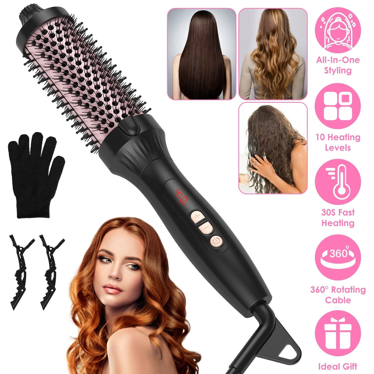 3 In 1 Thermal Brush Hair Curler Brush Hair Curler Straightener with 10 Heating Levels 30S Fast Heating Fit for All Hair Types for Home Travel